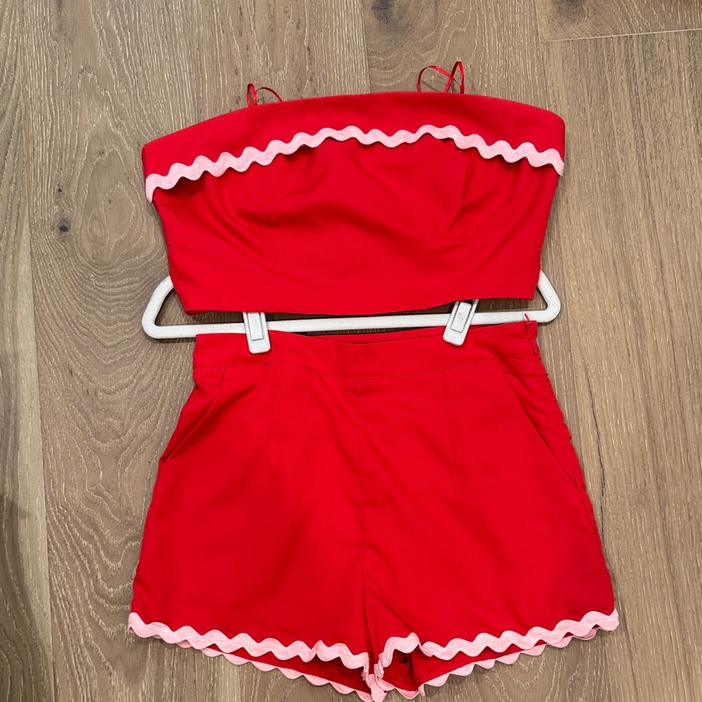 Red High-Waist Women's Shorts with Pink Trim
